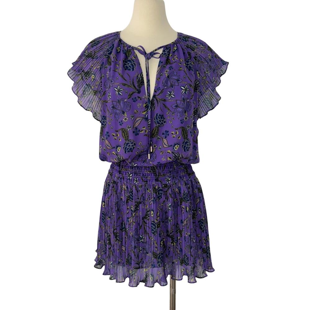 Ramy Brook Milene Pleated Mini Dress Purple Floral Split Neckline M